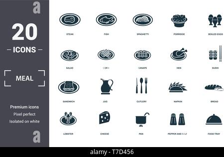 Pasto di set di icone di raccolta. Include elementi semplici come bistecche, pesce, spaghetti, porridge, uova sode, brocca e posate icone premium Illustrazione Vettoriale