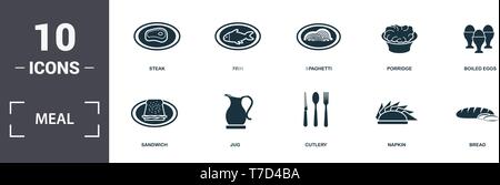 Pasto di set di icone di raccolta. Include elementi semplici come bistecche, pesce, spaghetti, porridge, uova sode, brocca e posate icone premium Illustrazione Vettoriale