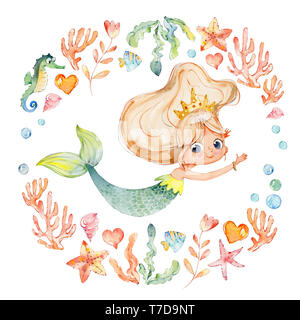 Mermaid acquerello circondato dalla cornice di mare elementi, Sea Horse, coralli, bolle, conchiglie, ancoraggio, alghe. Kit di oceano. Giovane donna subacquea Nym Foto Stock