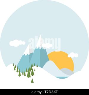 Semplice design piatto inverno paesaggio innevato con le montagne e gli alberi Illustrazione Vettoriale