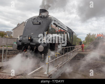 Aberdeen, Scozia - 05 Maggio 2019: Classe A4 locomotiva a vapore "Unione del Sud Africa' essendo attivata la piattaforma girevole a Ferryhill in Aberdeen, Scozia. Foto Stock