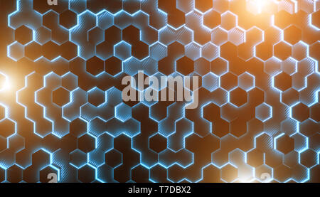 Sfondo con geometrica geometrie esagonali in fibra di carbonio e con parti brillanti. Immagine 3D rappresentata, concetto moderno e futuristico struttura. Foto Stock