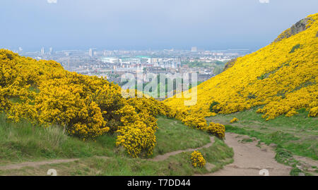 Vista su tutta la città di Edimburgo dal percorso di avvicinamento Arthurs Seat a Holyrood Park. Foto Stock