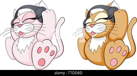 Carino e adorabile gatto colorato con le cuffie per ascoltare musica Illustrazione Vettoriale