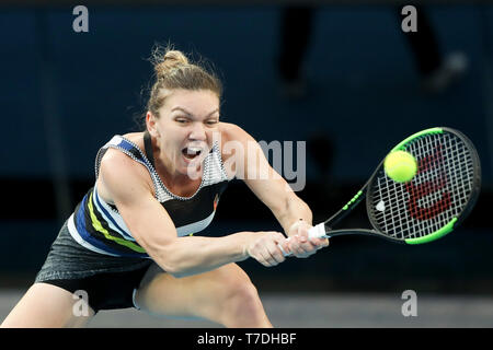 Il bulgaro tennista Simona Halep giocando scritto shot in Australian Open 2019 Torneo di tennis, Melbourne Park, Melbourne, Victoria, Australia Foto Stock