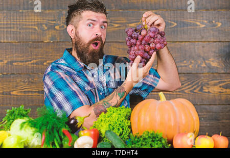 Agricoltura e concetto di raccolta. Contadino con homegrown messe sul tavolo. Agricoltore orgogliosi del raccolto di ortaggi e uva. Uomo Barbuto detiene uve sfondo di legno. Verdure raccolto organico. Foto Stock