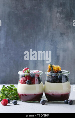 In casa dessert classica panna cotta con lampone e mirtillo bacche e jelly in vasi, decorate con la menta, lo zucchero in polvere, favi su bianco b Foto Stock