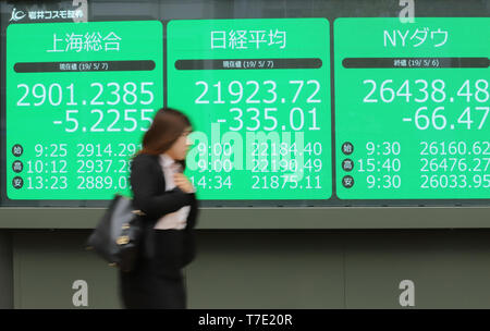 Tokyo, Giappone. Il 7 maggio, 2019. Un pedone passa prima di una quota di pensione prezzi a Tokyo il Martedì, 7 maggio 2019. La quota del Giappone è i prezzi sono diminuiti 335.01 yen per chiudere a 21,923.72 yen presso la Borsa di Tokyo dopo dieci giorni di Golden Week vacanze. Credito: Yoshio Tsunoda/AFLO/Alamy Live News Foto Stock