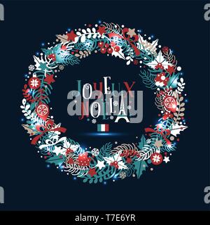 Ghirlanda di Natale in colori di una bandiera della Francia con una iscrizione in lingua francese che in mezzi di traduzione felice Natale! Illustrazione Vettoriale