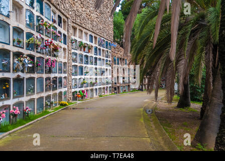 Vista prospettica del sentiero curvo con tombe del cimitero di Montjuic nel giorno nuvoloso, Barcellona, in Catalogna, Spagna Foto Stock