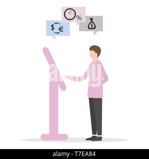 Illustrazione Vettoriale con uomo sceglie una transazione bancaria al terminale: pagamento prestito, deposito bancario, cambio valuta. I servizi finanziari. Uso di banki Illustrazione Vettoriale