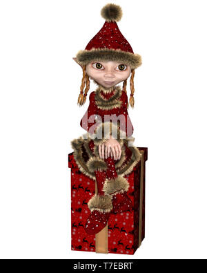 Natale Elf o Imp ragazza seduta su un regalo Foto Stock