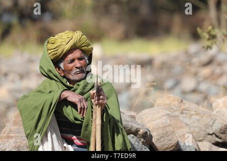 Indian gli agricoltori che lavorano in un campo del Rajasthan Foto Stock