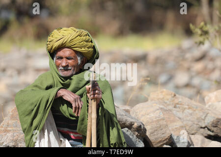 Indian gli agricoltori che lavorano in un campo del Rajasthan Foto Stock