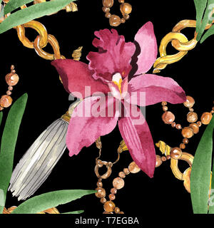 Marsala orchid fiori botanica. Wild molla a balestra di fiori selvaggi isolati. Illustrazione ad acquerello set. Disegno ad acquerello fashion aquarelle. B senza giunture Foto Stock