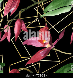 Marsala orchid fiori botanica. Wild molla a balestra di fiori selvaggi isolati. Illustrazione ad acquerello set. Disegno ad acquerello fashion aquarelle. B senza giunture Foto Stock