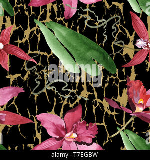 Marsala orchid fiori botanica. Wild molla a balestra di fiori selvaggi isolati. Illustrazione ad acquerello set. Disegno ad acquerello fashion aquarelle. B senza giunture Foto Stock