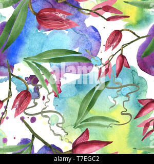 Marsala orchid fiori botanica. Wild molla a balestra di fiori selvaggi isolati. Illustrazione ad acquerello set. Disegno ad acquerello fashion aquarelle. B senza giunture Foto Stock