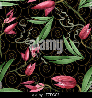 Marsala orchid fiori botanica. Wild molla a balestra di fiori selvaggi isolati. Illustrazione ad acquerello set. Disegno ad acquerello fashion aquarelle. B senza giunture Foto Stock