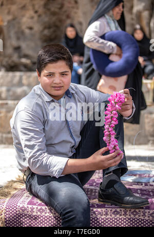 Niasar, Iran, XXV Aprile 2019:iraniane di giovane con fiori nelle sue mani rosa durante la stagione di raccolta Foto Stock