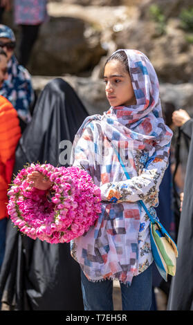 Niasar, Iran, 25 Aprile 2019: giovani iraniani la Dama con fiori, che li vendono per la passbyers durante la rosa stagione di raccolta Foto Stock