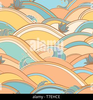 Vector seamless pattern con onde, schizzi e lotuses. Abstract sfondo con acqua e fiori. eps 10 Illustrazione Vettoriale