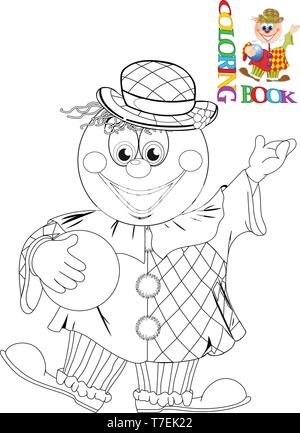 La figura mostra un simpatico cartoon clown con una sfera. Viene fatta una sagoma nera per un libro da colorare. Illustrazione Vettoriale