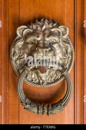 La fantasia porta di bronzo respingente in forma di una testa di leone. Costoso, esclusiva proprietà immobiliare il concetto di ricchezza. Foto Stock