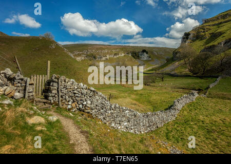 Vista su di un muro di pietra calcarea e stile in Trollerdale dal percorso del Troller Gill vicino Appletreewick, Yorkshire Dales Foto Stock