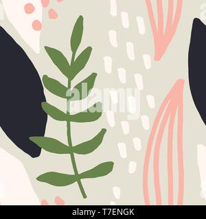 Seamless modello di ripetizione con abstract forme di lamina in verde, bianco, rosa pastello e verde su sfondo grigio chiaro. Moderno ed elegante, tessili dono Illustrazione Vettoriale