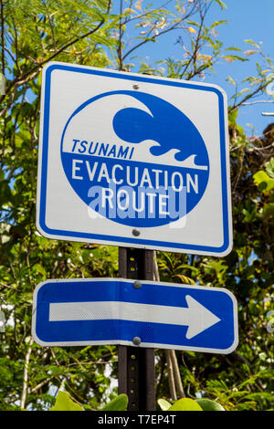 Allarme Tsunami segno di evacuazione, Sandy Point National Wildlife Refuge, St. Croix, Isole Vergini americane. Foto Stock