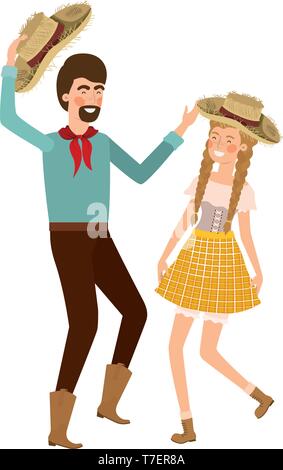 Gli agricoltori coppia danzante con cappello di paglia Illustrazione Vettoriale