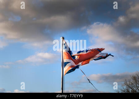 Bistrattato, trasandato e strappata bandiera europea conosciuta come la union jack. La bandiera della Gran Bretagna / UK. Foto Stock