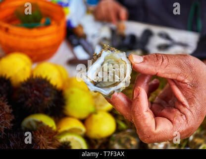Vero e proprio mercato del pesce e a base di pesce fresco e frutti di mare oceano Atlantico in Marocco Foto Stock