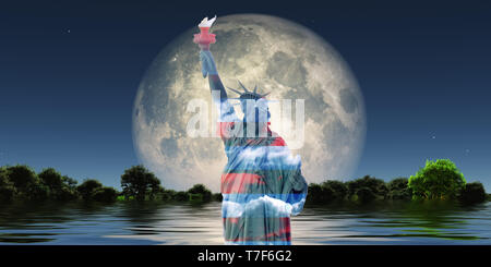 Surreale arte digitale. Statua della Libertà in colori nazionali. Verde bosco nell'acqua. Luna gigante all'orizzonte. Foto Stock