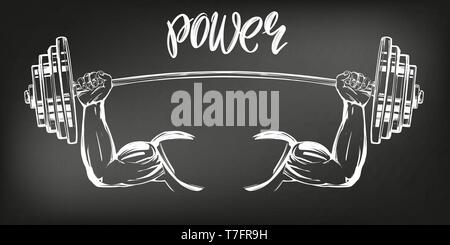 Braccio, bicipite, forti mani tenendo un peso, icona cartoon testo calligrafico simbolo disegnato a mano illustrazione vettoriale sketch, disegnati in gesso su un nero Illustrazione Vettoriale