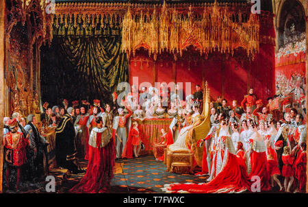 Incoronazione della regina Victoria nella Westminster Abbey 28 giugno 1838, dipinto da Sir George Hayter, 1838 Foto Stock