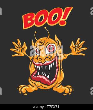 Cartoon Monster giallo con enorme bocca aperta e la formulazione a Boo. Illustrazione Vettoriale. Illustrazione Vettoriale