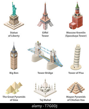 Celebri punti di riferimento mondiale del vettore elevata isometrica dettagliata icone isolato Foto Stock
