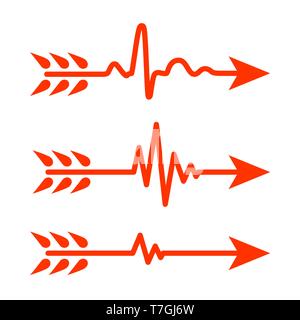 Serie di frecce rosse con il simbolo di heartbeat. Illustrazione Vettoriale. Elettrocardiogramma segni isolati. Illustrazione Vettoriale