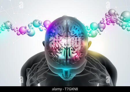 Testa di uomo che mostra il cervello umano Foto Stock