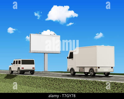 Consegna Van e SUV auto sulla strada asfaltata con vuoto Billboard Foto Stock