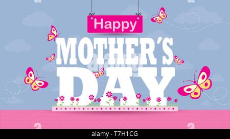 Felice Festa della Mamma biglietto di auguri. Lettere su un magenta giardino di fiori con farfalle volare su un pastello lilla sky con le nuvole Illustrazione Vettoriale