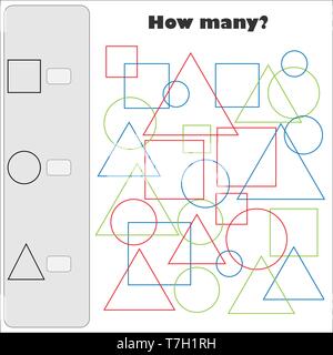 Come molti gioco di conteggio con colore forme geometriche semplici per i bambini, istruzione matematica task per lo sviluppo del pensiero logico, workshee in età prescolare Illustrazione Vettoriale