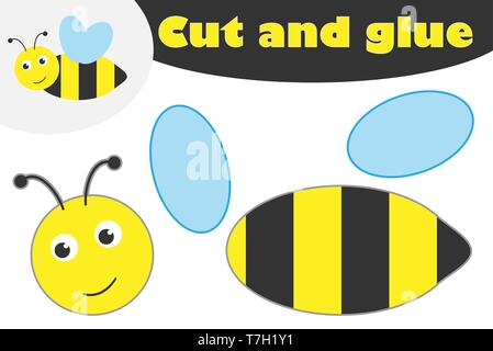 Bee in stile cartoon, educazione gioco per lo sviluppo dei bambini di età prescolare, utilizzare forbici e colla per creare l'applique, tagliare parti dell'immagine Illustrazione Vettoriale