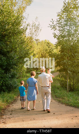 Vista posteriore dei nonni e nipoti a piedi su un sentiero natura Foto Stock