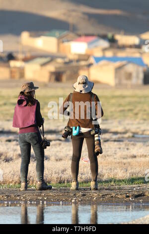 Due femmina birdwatcher in Mongolia. Fare osservazioni locali di specie di uccelli. Foto Stock