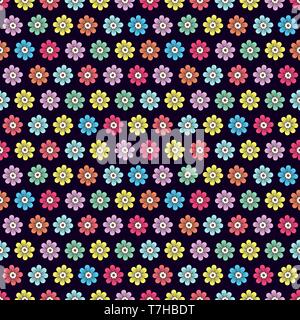 Doodle fiori seamless pattern, colorato sfondo floreale. Semplice multicolore bud con petali di fiori sul blu scuro, sullo sfondo del disegno a mano, ornamento per fab Illustrazione Vettoriale