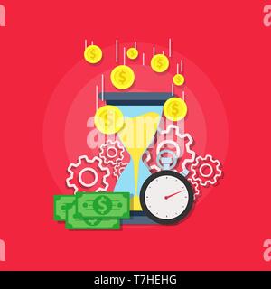 Il tempo è denaro concetto vettoriale illustrazione piatto design. Clessidra e cronometro rilevare quante monete cadere. Illustrazione Vettoriale