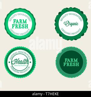 Vettore badge farm set di freschi elementi organici. In stile vintage etichette per alimenti naturali e bevande, prodotti agricoltura biodinamica, sulla natura indietro Illustrazione Vettoriale